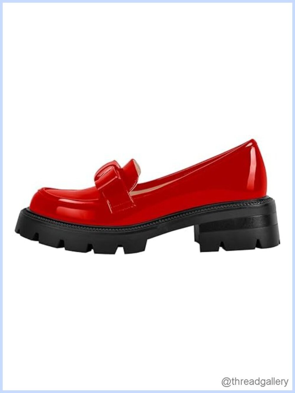 Patent Leather Platform Chunky Loafers Slip on Round Toe Low Heel with Bow